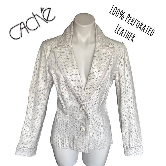 Cache Gorgeous Perforated Fitted 100% Leather Blazer Jacket - Picture 1 of 16
